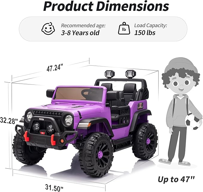 2 Seater Ride on Toy Car for Kids, 24V 4x4 Ride-on Truck Kids Electric Car w/Remote Control, 4x200W Motors - Purple