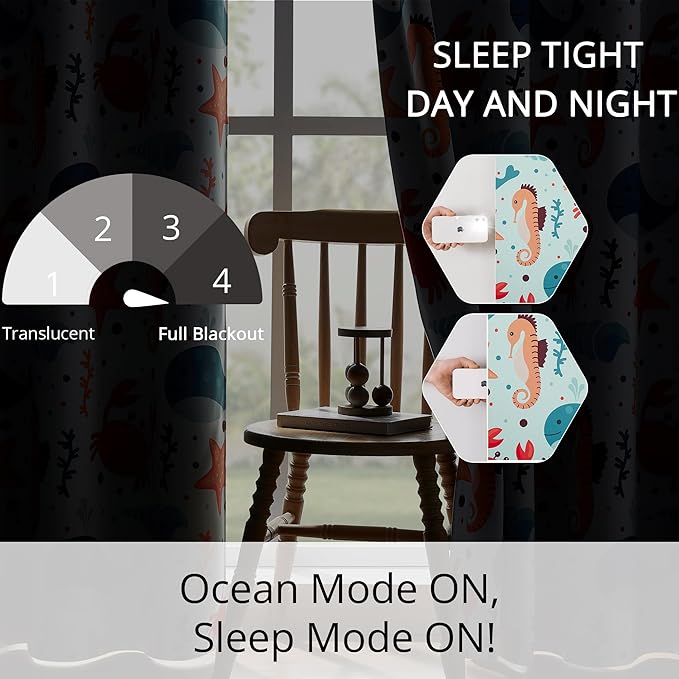 Kids Blackout Curtains - Ocean Whale Design, 100% Blackout, 2 Panels, Each W52×L63, Thermal Insulated for Bedroom, Noise Reducing, Excellent Colorfastness, Dive into an Underwater Adventure