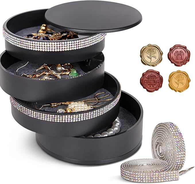 CONBOLA Jewelry Holder Organizer, Christmas Gifts Ideas for Women, Small Jewelry Storage Box Earring Holder, 5-Layer Rotating Jewelry Storage Tray with Lid for Bracelets Rings Bracelets