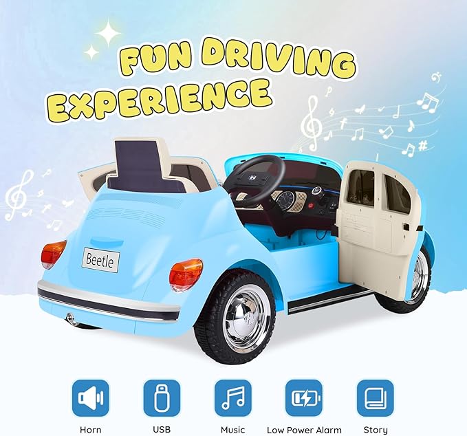 12V Kids Electric Car, Power Wheels with Remote Control, Ride on Car Toys with LED Light, 3 Speeds, Music, Blue