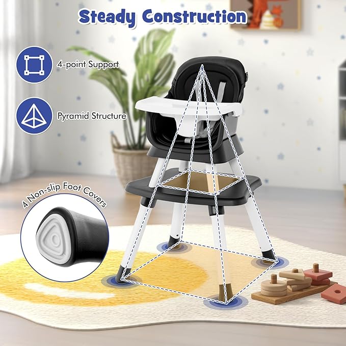 HONEY JOY 8 in 1 Baby High Chair, Convertible Highchair for Babies and Toddlers/Table and Chair Set/Building Block Table/Booster Seat/Stool/Toddler Chair with Safety Harness (Black)
