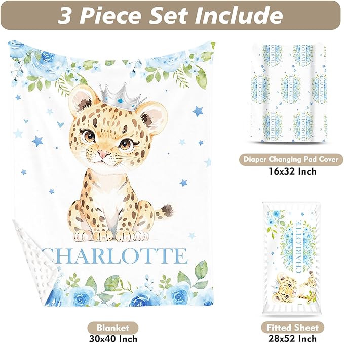 Custom Name Crib Bedding Set - Blue Floral Leopard Pattern, Personalized Nursery Bedding 3-Piece Set– Soft Blanket, Fitted Sheet, Changing Pad Cover – for Newborns Girls Nursery Gifts