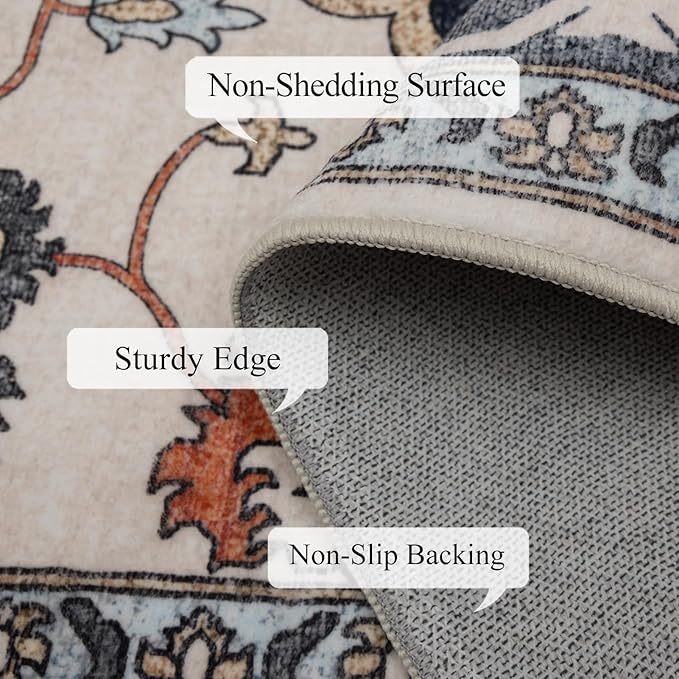 9x12 Area Rug Living Room Rugs, Stain Resistant Washable Rug, Vintage Large Non-Slip Backing, Low Pile Lightweight Print Rug for Bedroom Dinning Room Home Office (Blue/Gray)