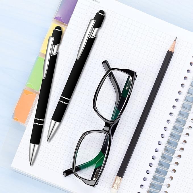 8 Pieces Ballpoint Pen with Stylus Tip Black Ink 2 in 1 Stylus Metal 1.0 mm Medium Point Smooth Pen Rainbow Colorful Rubberized Ballpoint for Touch Screen Tablet(Black)