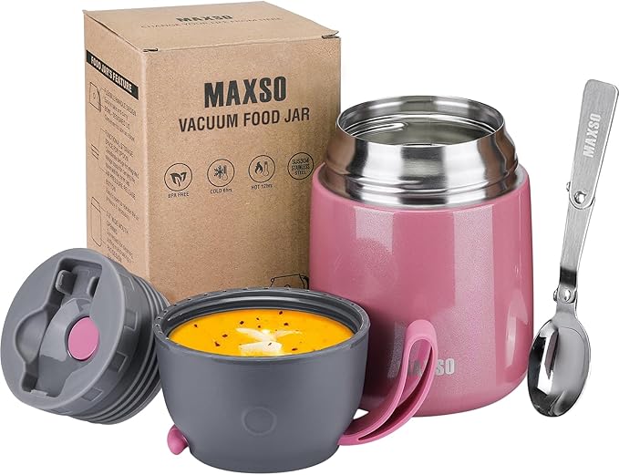 Insulated Food Jar for Hot & Cold Food for Kids Adult,17 oz Soup Thermo Hot Food Containers for Lunch, Triple Layer Insulation Stainless Steel Food Jar with Spoon (Pink)
