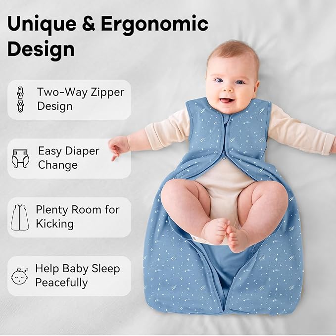 Baby Sleep Sack 6-12 Months 3 Pack 100% Cotton Lightweight 0.5 TOG Wearable Blanket Baby Sleep Bag with 2-Way Zipper for Newborn Infant Blue