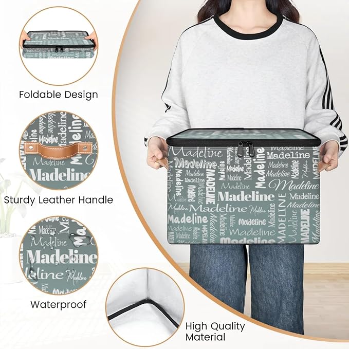 Custom Storage Basket with Name, Personalized Storage Bins with Zipper Lid, Foldable Fabric Storage Box Large capacity with Handle Gradient Grey Green