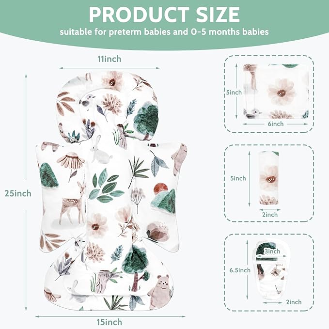 Infant Car Seat Insert and Strap Covers, Very Soft Car Seat Head Support Baby Girl Boy, Reversible Newborn Carseat Insert Cushion Fits for Stroller, Baby Swing, Bouncer (White Animals)