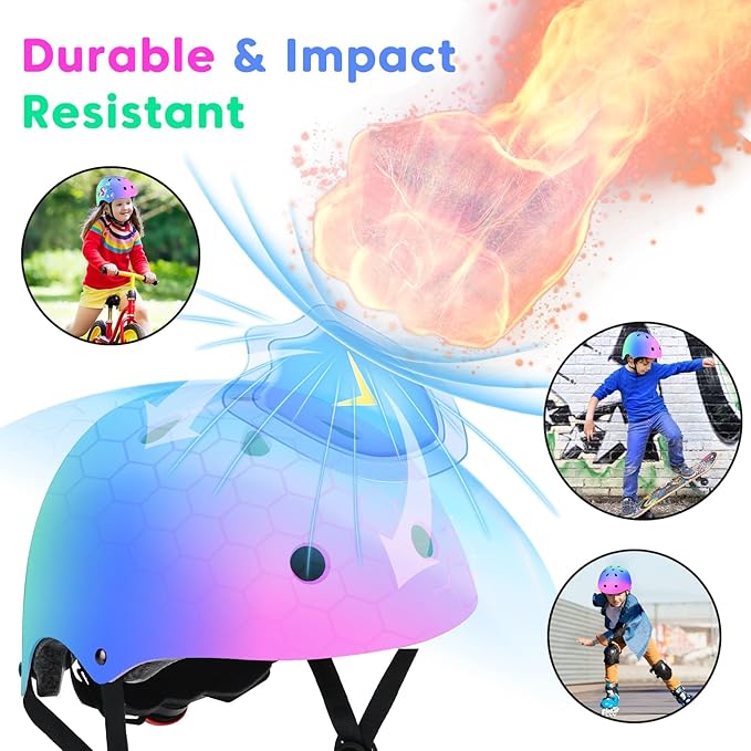 Color Gradient Adjustable Kids Bike Helmet Toddler Skateboard Helmets Boys Girls Child Ventilation Helmet for Multi-Sports Skating Cycling Scooter Balance