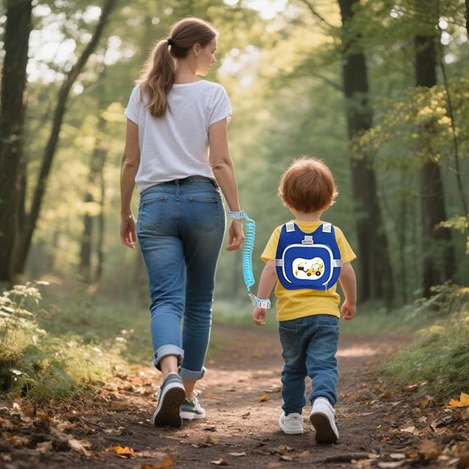 Accmor Toddler Harness Leash, Kids Cute Excavator Walking Harness Tether Wristband Assistant Strap Belt Protector for Baby Boys, Collapsible Child Leash + Anti Lost Wrist Link for Outdoor Travel Blue