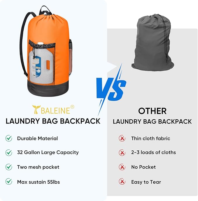 BALEINE 120L Laundry Bag Backpack, 900D Oxford Fabric Large Travel Laundry Bags with Shoulder Straps and 2 Mesh Pockets for College Dorm, Apartment, Laundromat (Orange, 120L)