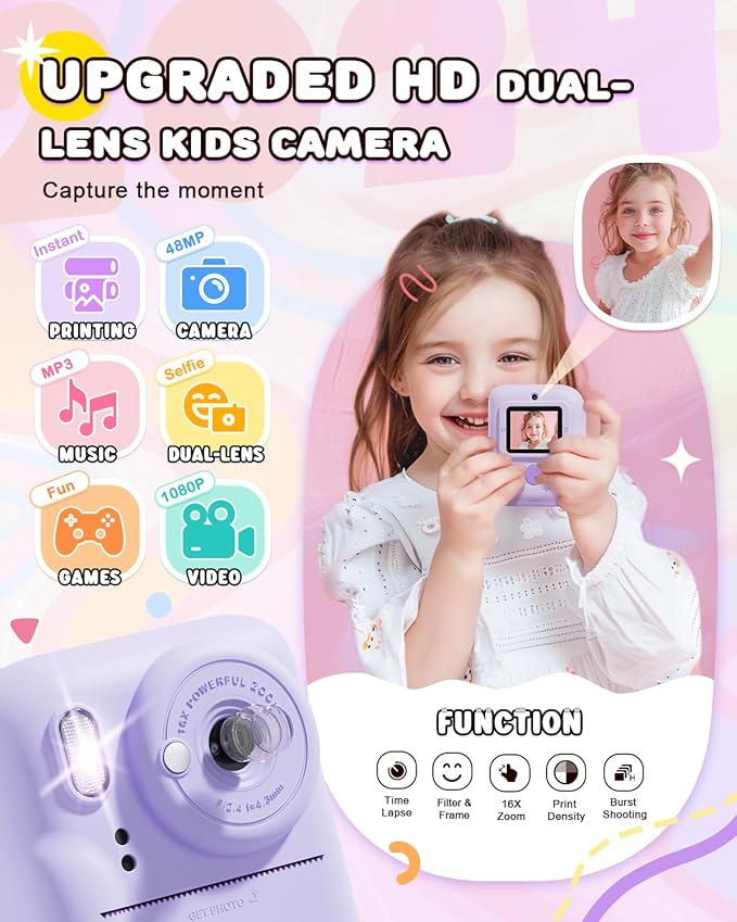Kids Camera Instant Print, Upgrade Dual-Lens Selfie Digital Camera for Kids, Christmas Birthday Gifts Toys for Boys Girls Age 3-12, HD 1080P Toddler Portable Toy with SD Card 3 Rolls Print Paper