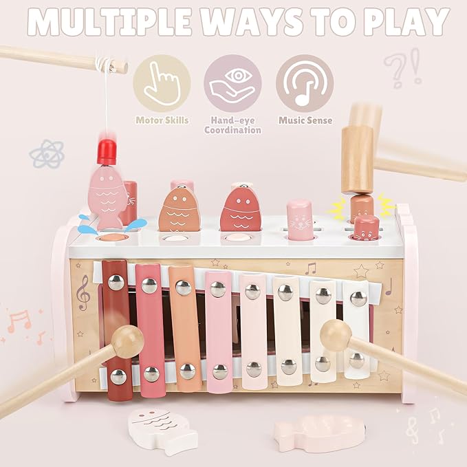 Joyreal Montessori Toys for 1 Year Old Girl Gift - Pink Wooden Hammering Pounding Toy with Xylophone & Fishing Game - Toddler Learning Activities for Kids 1+ 2 3 Year Old Christmas Birthday Gifts