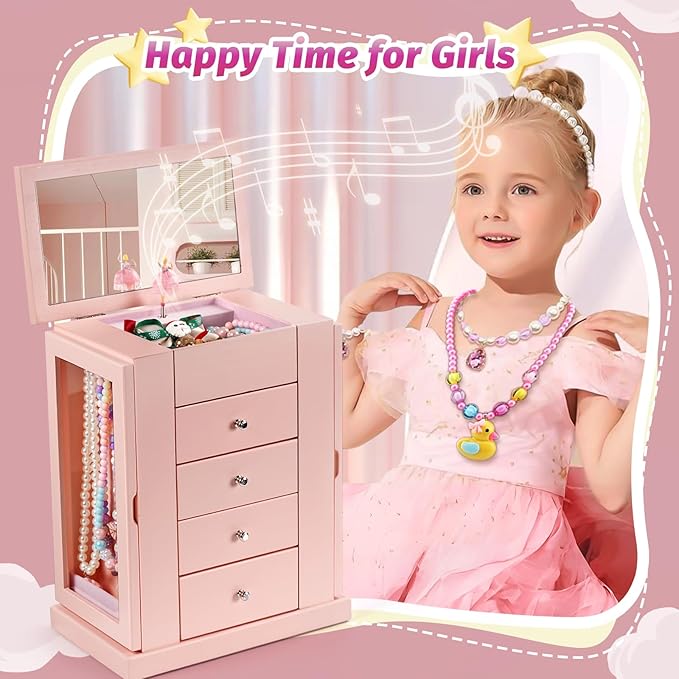 Jewelry Box for Girls, Musical Jewelry Box with Spinning Dancer Gifts for Little Girls Christmas New Year Birthday Children's Day, 5 Layer Large Wooden Kids Music Jewelry Organizer Box(Pink)