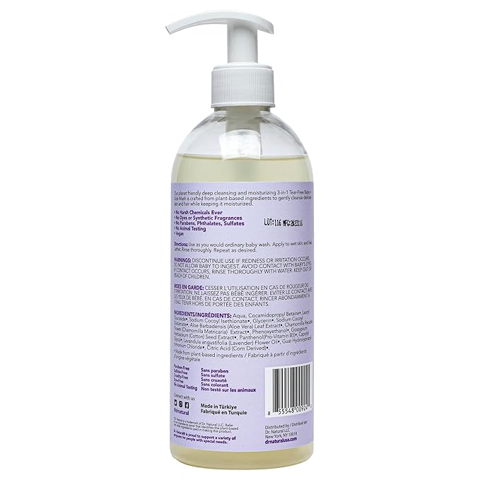 Dr. Natural 3-in-1 Tear-Free Baby Plus Kids Soap - Head-to-Toe Soap and Shampoo - Sensitive Skin Moisturizing Body Wash - Lavender - 16 oz