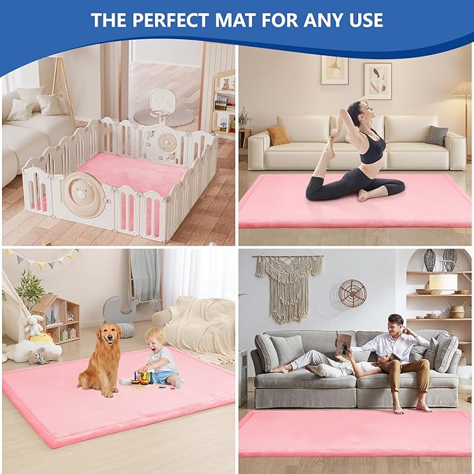 Baby Play Mat for Floor,1.3" Thick Memory Foam Tummy Time Mat for Toddlers,Infants,Kids,Water-Repellent Soft Nursery Rug,Extra Large Non Slip for Crawling&Yoga,Tatami Style for Living Room(Pink)