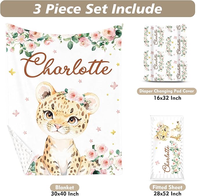 Custom Name Crib Bedding Set - Leopard Theme, Personalized Yellow Flower Nursery Bedding 3-Piece Set– Soft Blanket, Fitted Sheet, Changing Pad Cover – for Newborns Girls Nursery Gifts