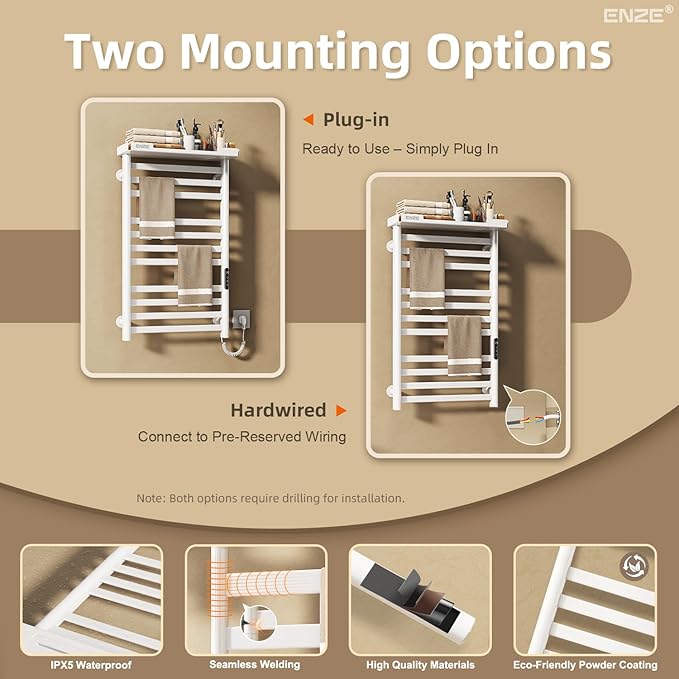 ENZE Heated Towel Rack with Shelf and Wi-Fi App Control, 11 Bars Electric Wall Mounted Towel Warmer with Timer & Adjustable Temperature, Low Carbon Steel, Plug-in/Hardwired, White