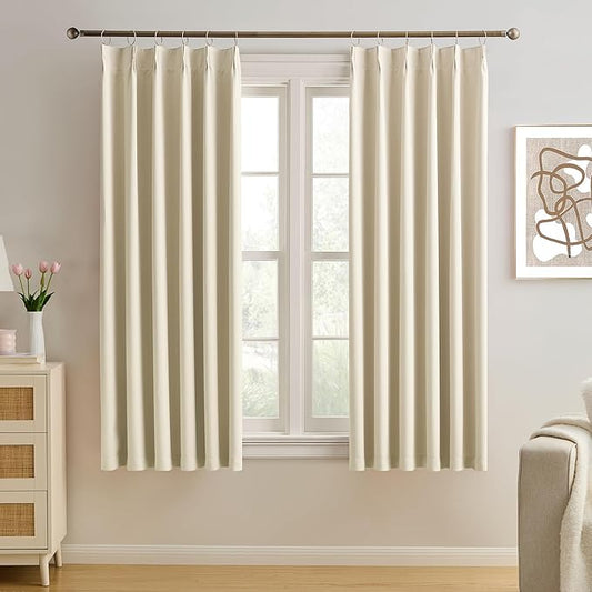 KEQIAOSUOCAI Cream Pleated Blackout Bedroom Curtains 72 Inches Long 6 Ft Length, Summer Heat Thermal Insulated Pinch Pleat Vertical Drapes Cute Window Drapes for Bedroom(Beige,40"x72"x2 Panels)
