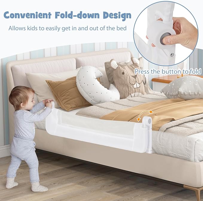 BABY JOY Bed Rails for Toddlers, Swing Down Safety Bed Guard for Convertible Crib, Folding Baby Bedrail for Kids Twin, Double, Full Size Queen & King Mattress (48-Inch, White)