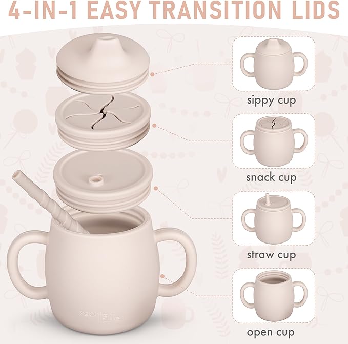 4-in-1 Silicone Sippy Cup with Snack and Straw Lid 6oz | Transition Training Cup for 6+ months to Toddler (Beige)