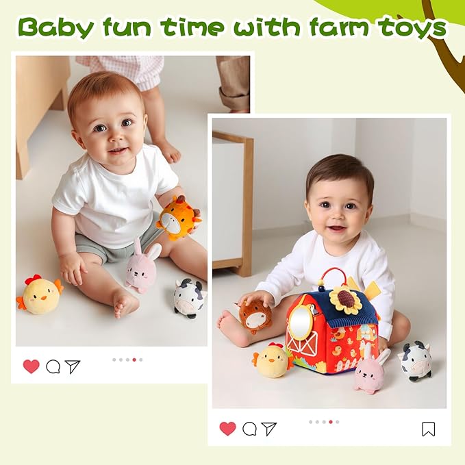 Baby Toys 6-12 Months, Montessori Sensory Toys, My First Farm House Toy with 6 Stuffed Animals,Rotating Windmill & Sunflower Crinkle, Rattle, Fun Mirror Fine Motor Skills Development,Baby Gift