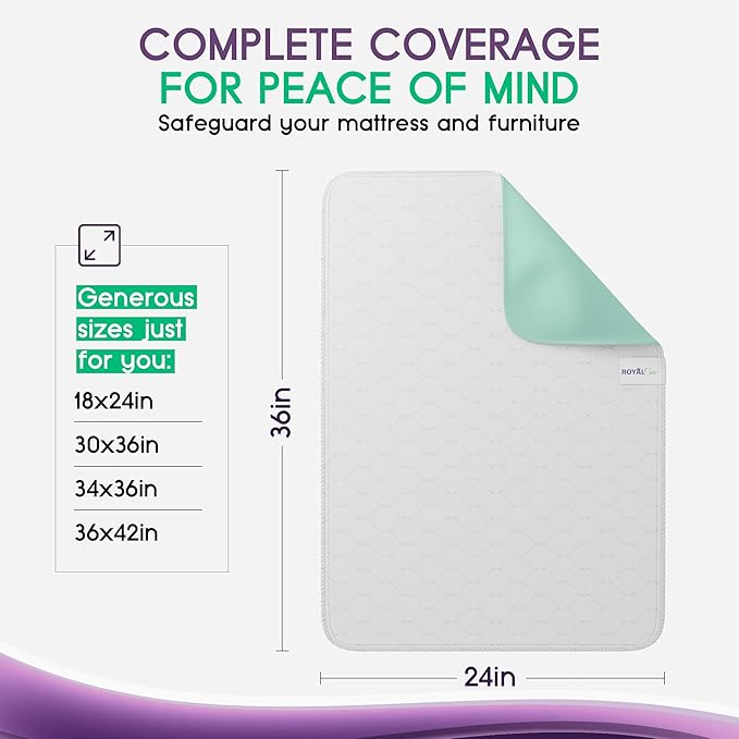 Incontinence Bed Pads - 4 Pack 24” x 36” Reusable Waterproof Mattress Protectors - Highly Absorbent, Machine Washable - for Children, Pets and Seniors - Assorted Colors - Royal Care