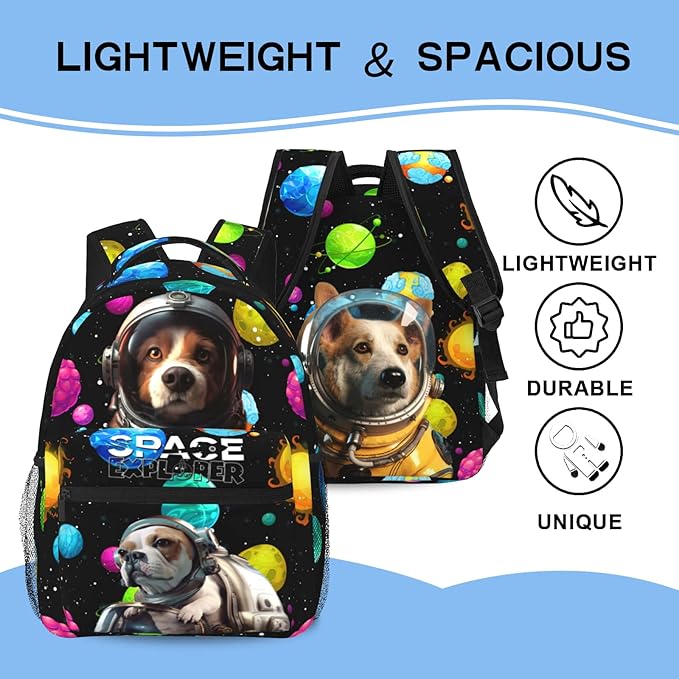 Funny Astronaut Dog Print Kids Backpack, Planet Space Galaxy Themed School Bag for Boys & Girls, Lightweight and Durable Bookbag for Age 5-12, Backpack Ideal for School & Outdoor Adventures