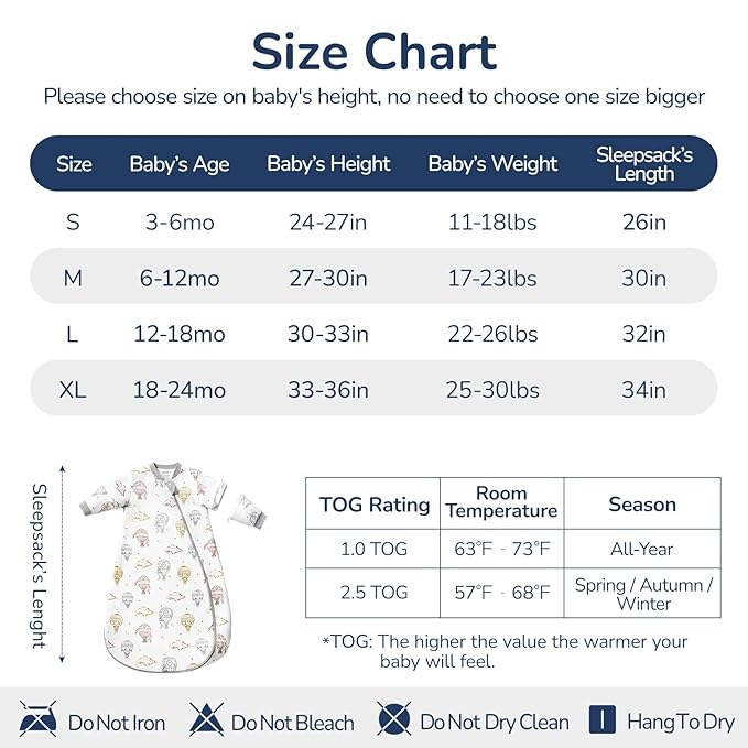 Baby Sleep Sack 12-18 Months, Cotton Detachable Long Sleeve Sleep Sack, 2.5 Tog Toddler Sleeping Sack with Temperature Strips, 2-Way Zipper Wearable Blankets for Newborns, Hot Air Balloon
