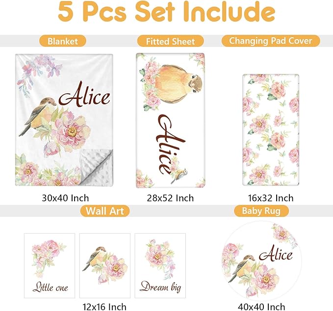 Custom Baby Bedding Set - 5 Pcs Customized Nursery Bedding Set with Name - Comfortable Double Layer Crib Sets for Girls Boys - Personalized Gifts for Infants Toddlers New Parents - Floral Bird
