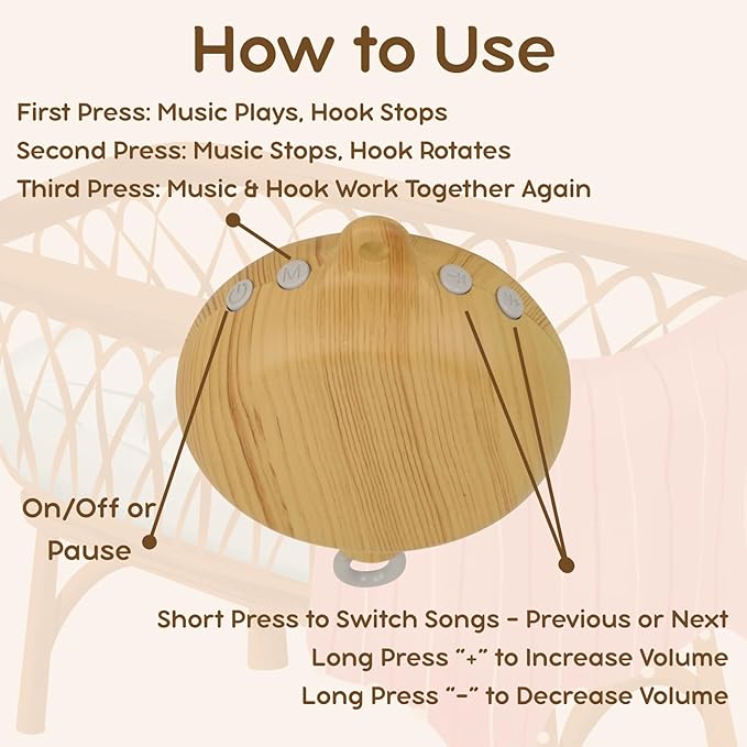 Crib Mobile Motor with Music Box, Baby Mobile for Crib with 12 Classic Lullabies & Rotating Function, Wooden Design Crib Mobile with Music