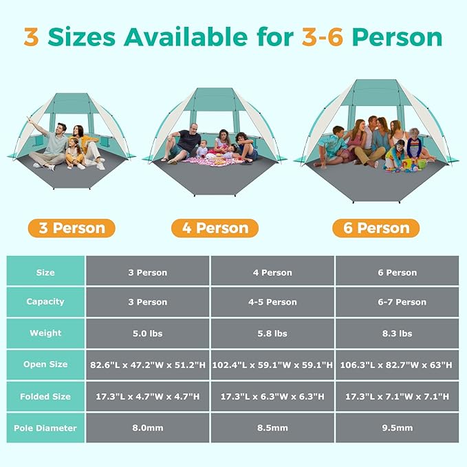 Gorich Portable Beach Tent for 3/4-5/6-7 Person with UPF 50+ UV Protection, Lightweight & Foldable Sun Shelter with 5 Sand Bags, Easy Setup Windproof Beach Umbrella Sun Shade