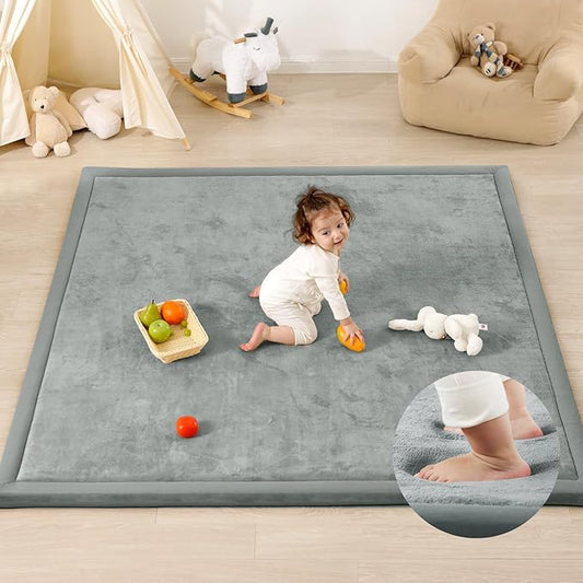 1.3" Thick Baby Play Mat for Floor, 39x59 Foam Tummy Time Mat, Padded Support Soft Plush Nursery Rug for Infant Kids Toddler Crawling Kick Activity (Light Grey)