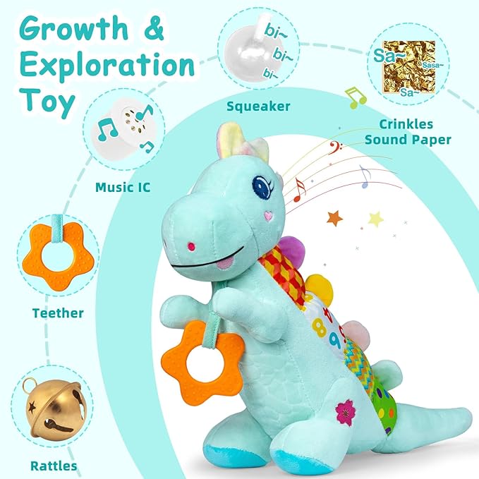 Baby Dino Plush Soft Stuffed Animal Toy for 0-3-6-12+ Months,Infant Musical Toy with Rattle,Squeaker,Sensory Crinkle,Teether & Textures,Tummy Time Toys Christmas Baby Gift for Newborn Girl Boy (Blue)