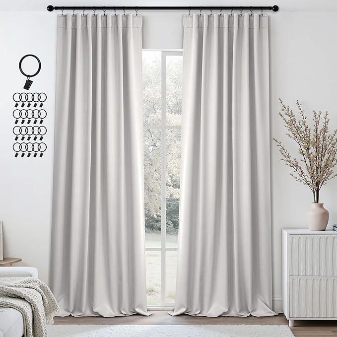 ANRODUO Back Tab Blackout Curtains for Bedroom Living Room, Rod Pocket Pinch Pleated Thermal Insulated Room Darkening Curtains 96 Inches Long 2 Panels, Greyish White, 42 x 96 Inch