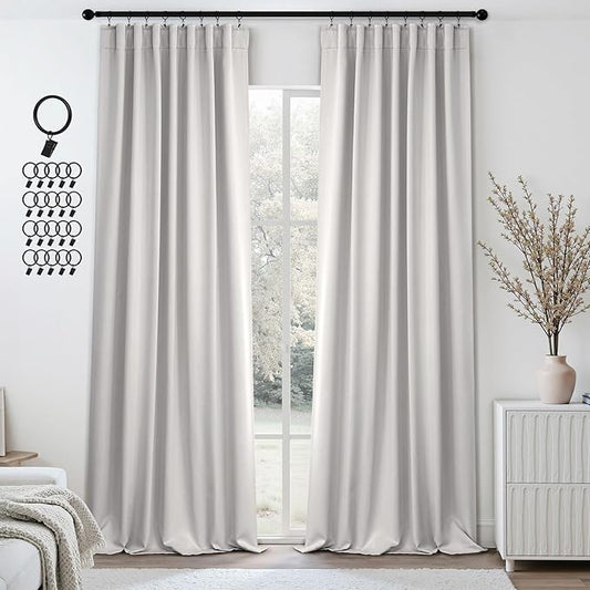 ANRODUO Back Tab Blackout Curtains for Bedroom Living Room, Rod Pocket Pinch Pleated Thermal Insulated Room Darkening Curtains 96 Inches Long 2 Panels, Greyish White, 42 x 96 Inch
