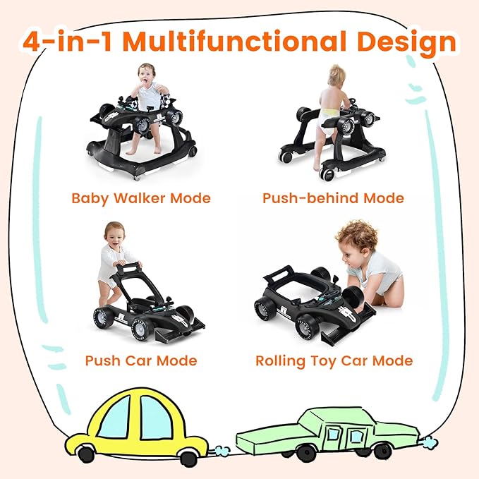 HONEY JOY 4-in-1 Baby Walker, Activity Push Walker w/3 Adjustable Heights, Smooth Wheels w/Adjustable Speed, Padded Seat, Music & Light, Foldable Car Walker for Baby Boys Girls Age 6 Months+ (Black)