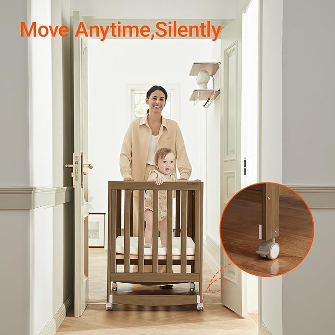 EvoNest Baby Crib, 11 in 1 Convertible Mini Crib with Wheels, 100% New Zealand Wood Growing Bed, 4 Adjustable Mattress Height ，Walnut Brown