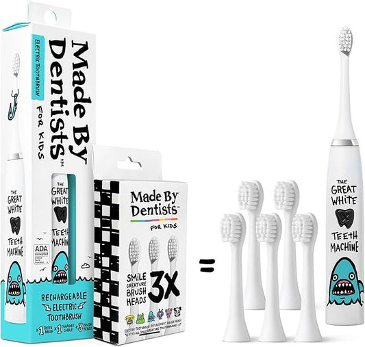 Kids Electric Toothbrush - Rechargeable Vibrating Toothbrush with Timer, Includes 6 Replacement Heads, Gently Cleans Little Teeth, for Girls and Boys, Kids & Toddlers Age 2+, Shark