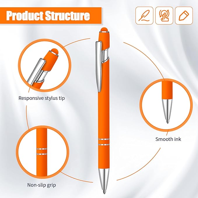 8 Pieces Ballpoint Pen with Stylus Tip Black Ink 2 in 1 Stylus Metal 1.0 mm Medium Point Smooth Pen Rainbow Colorful Rubberized Ballpoint for Touch Screen Tablet(Orange)