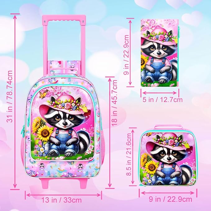 Girls Rolling Backpack, Cute Raccoon Roller Wheels Kids Bookbag - Wheeled Elementary School Bag - 3PCS Raccoon