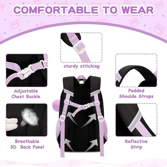 Kids Backpack for Girls School Bags for Middle School Students Book Bag for Elementary Primary Kawaii Ita Backpack, Black and Purple