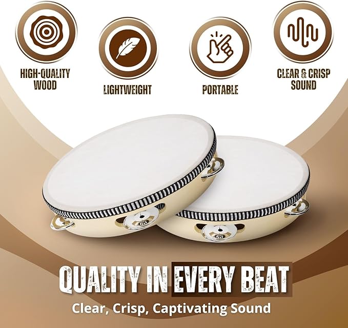 Flexzion Wooden Round Tambourine for Kids and Adults 6" Inch Single Row 8 Pair Jingles, Wood Handheld Percussion Instrument for Beginner and Professional Tambourine Player