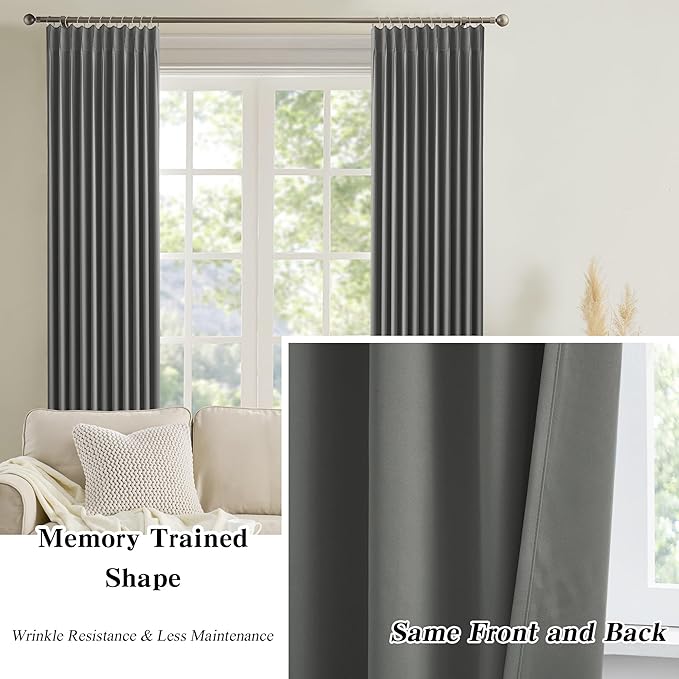 KEQIAOSUOCAI Grey Pinch Pleat Curtains & Drapes 156 Inches Long 2 Panels Set, Privacy Darkening Sound Dampening Window Treatment for Bedroom Vertical Draft Blackout Blinds for Living Room 40 by 156