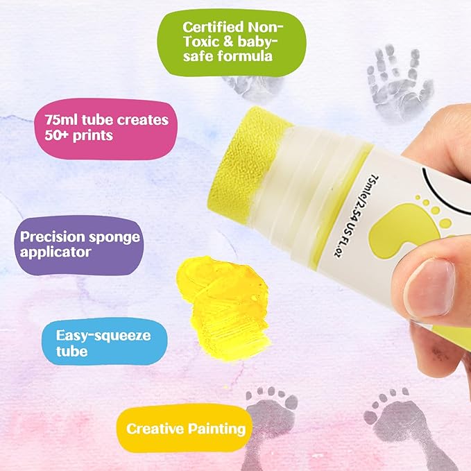 75ml Yellow Baby Hand and Footprint Ink Kit, Baby Handprint Footprint Paint for Newborn Keepsake, Dog Cat Paw Print Kit, Washable, Non Toxic Acid-Free, Safe Gentle for Ideal New Mom Gifts