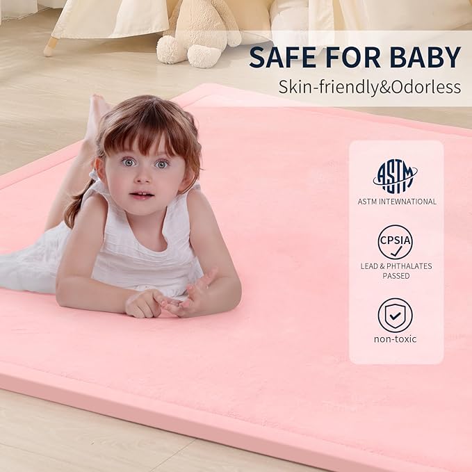 ACOMOPACK Baby Play Mat for Floor 1.3" Thick Memory Foam Play Mat 79"×157" Tummy Time Crawling with Non-Slip Bottom for Living Room,Nursery,Soft Velvet Playpen Mats for Kids,Infants（Pink）