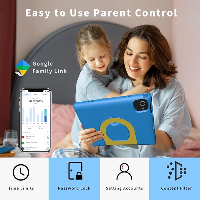 Kids Tablet with Strap, Android 14 Tablet for Kids 10 inch, Toddler Tablets Octa-Core 64GB 1TB Expandable, Children's Tablets with Case, Bluetooth WiFi Parental Control Dual