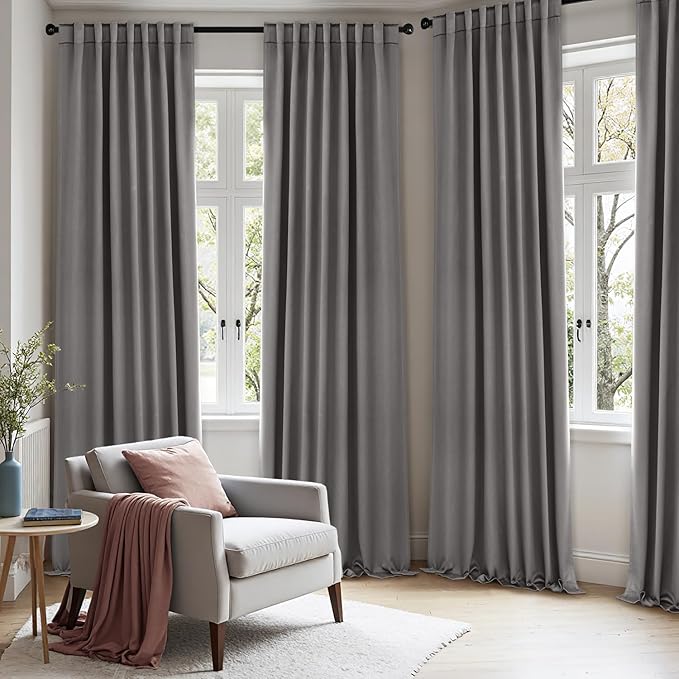 ANRODUO Back Tab Blackout Curtains for Bedroom Living Room, Rod Pocket Pinch Pleated Thermal Insulated Room Darkening Curtains 102 Inches Long 2 Panels, Grey, 52 x 102 Inch