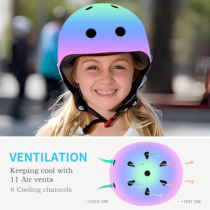 Adjustable Kids Bike Helmet with Knee & Elbow Pads Set, Color Gradient Design for Boys and Girls Aged 3-14+, for Skateboarding, Scooter, Roller & Inline Skating, Longboard