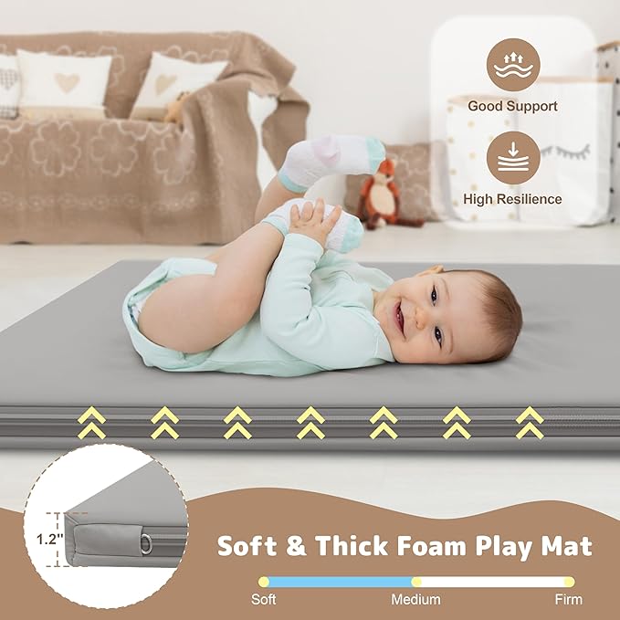 Baby Play Mat 47x47 Inches, Extra Thick 1.2" Foam Floor Mat for Tummy Time & Crawling, Waterproof Non-Slip Faux Leather Playpen Mat for Infants Toddlers, Indoor Outdoor Gym Activity, Gray